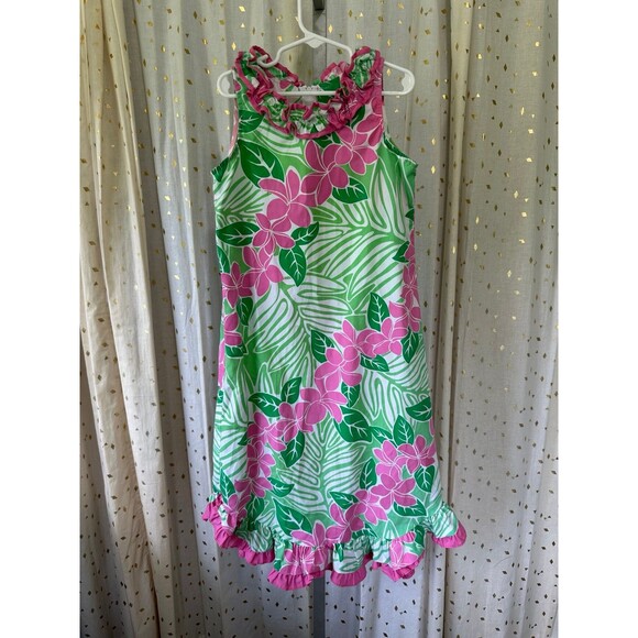 RJC Girls Hawaiian Tropical Flowers Plumeria Lei Ruffle Mu'umu'u Midi Dress M - Picture 2 of 6